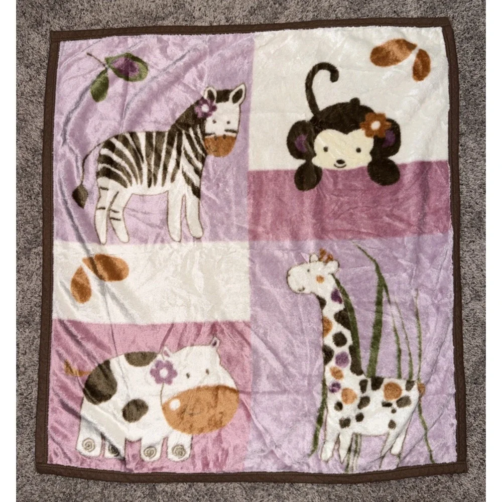 Cocalo Baby Pink Safari Animal Fleece Blanket Zebra Giraffe Monkey Hippo 35x41
